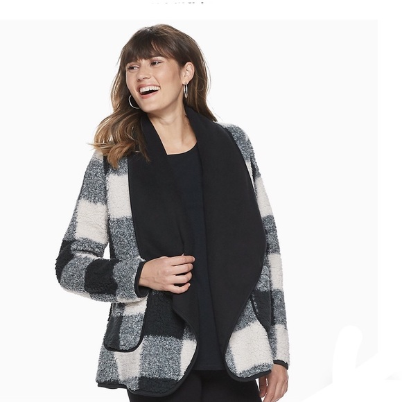 Black White Buffalo Check Sherpa Cardigan/Jacket - Picture 1 of 5